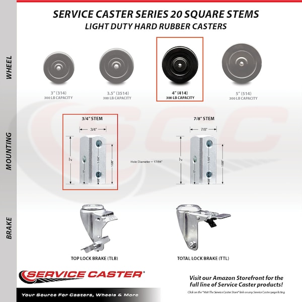 4 Inch Hard Rubber Swivel 3/4 Inch Square Stem Caster Total Lock Brakes, 2PK